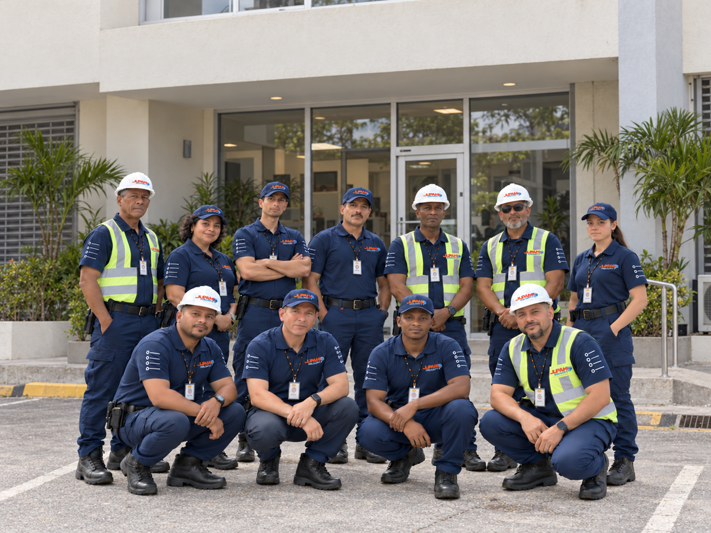 Imagen ilustrativa de un equipo de técnicos con uniformes de Jupam Security frente a una oficina